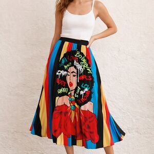 Pleated midi Hight Waist Skirt A-Line Colorfull Pop Art Street Maximalist Sz L